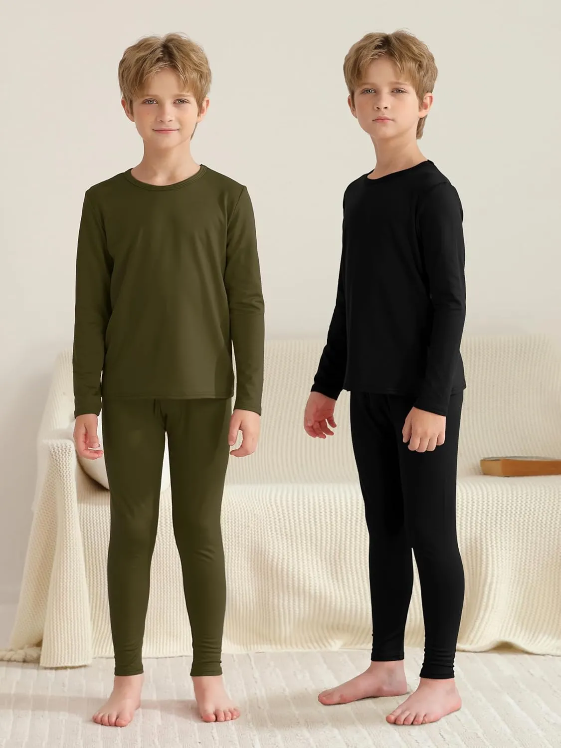 VZV 2 Set Thermal Underwear for Kids, Boys Long Sleeve Underwear Fleece Lined Base Layer Thermals Top and Bottom Set