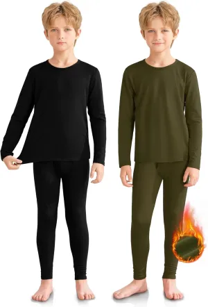 VZV 2 Set Thermal Underwear for Kids, Boys Long Sleeve Underwear Fleece Lined Base Layer Thermals Top and Bottom Set
