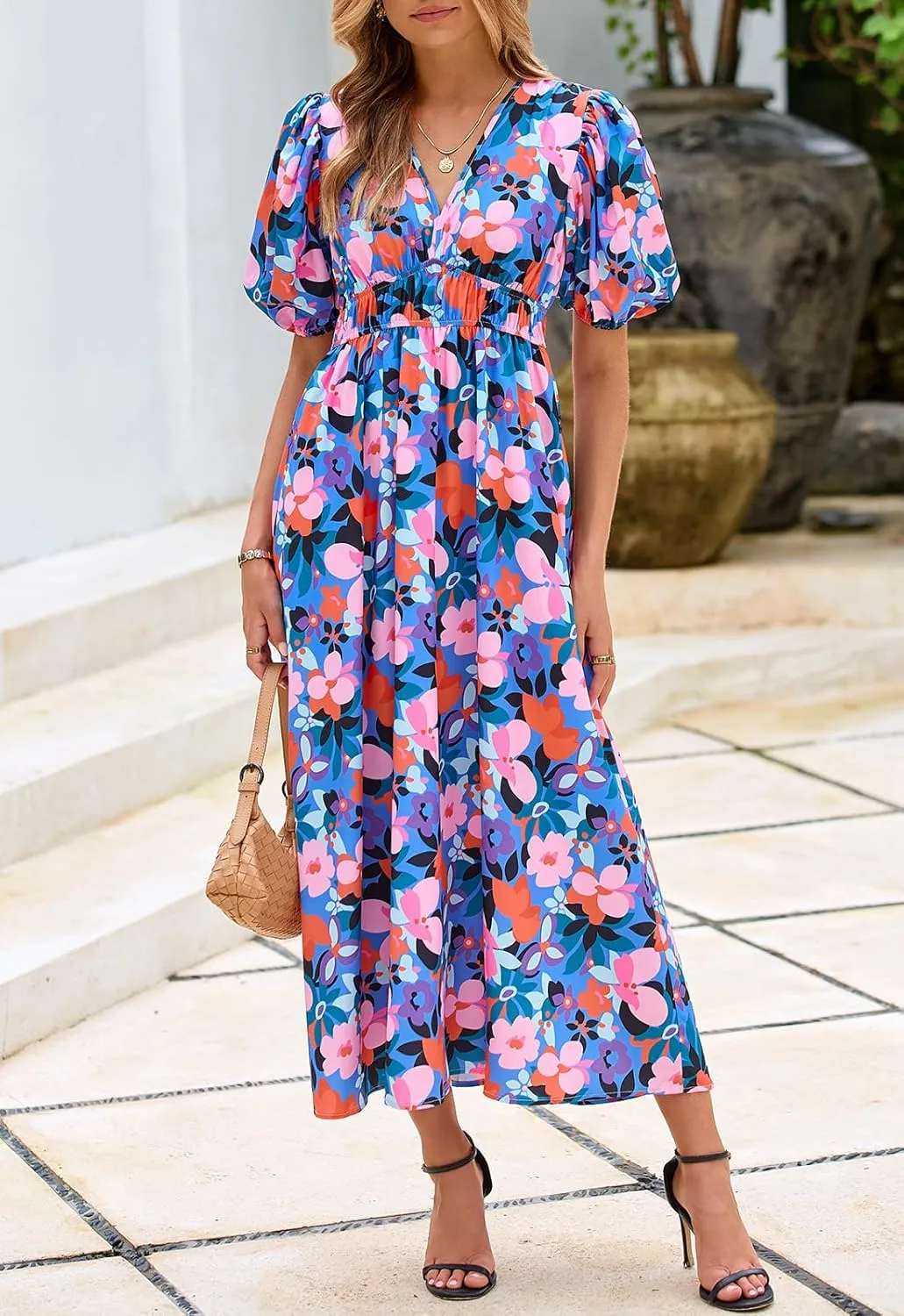 Women's Boho Floral Print Midi Dress Short Sleeve Summer Long Dress
