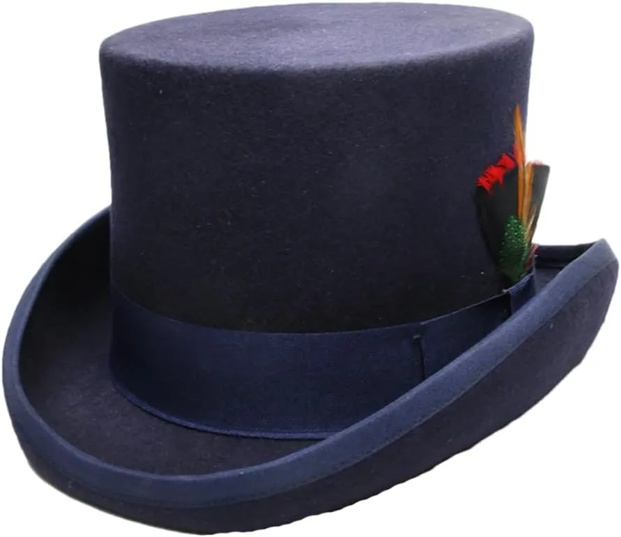 Women's Men High Round Flat Top Feathers Wool Felt Magician Hat Bowler Hat Christmas Costume Cap Navy S