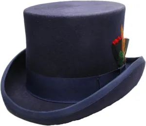Women's Men High Round Flat Top Feathers Wool Felt Magician Hat Bowler Hat Christmas Costume Cap Navy S